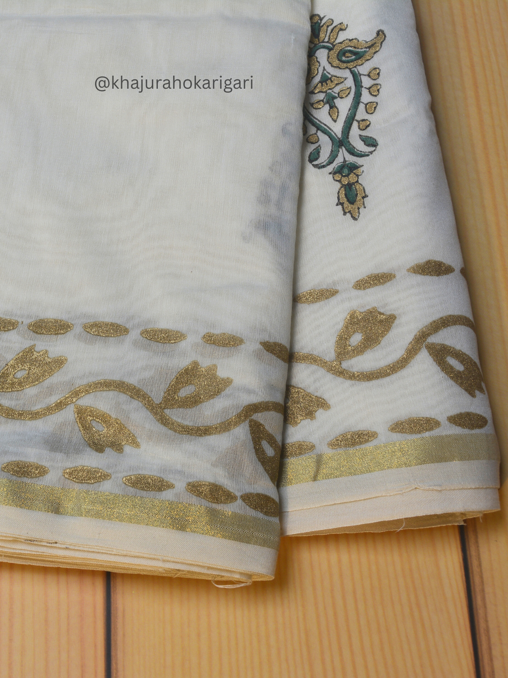 Hand Block Printed Chanderi Silk Cotton Saree with Gold Zari Border – Gold & Green