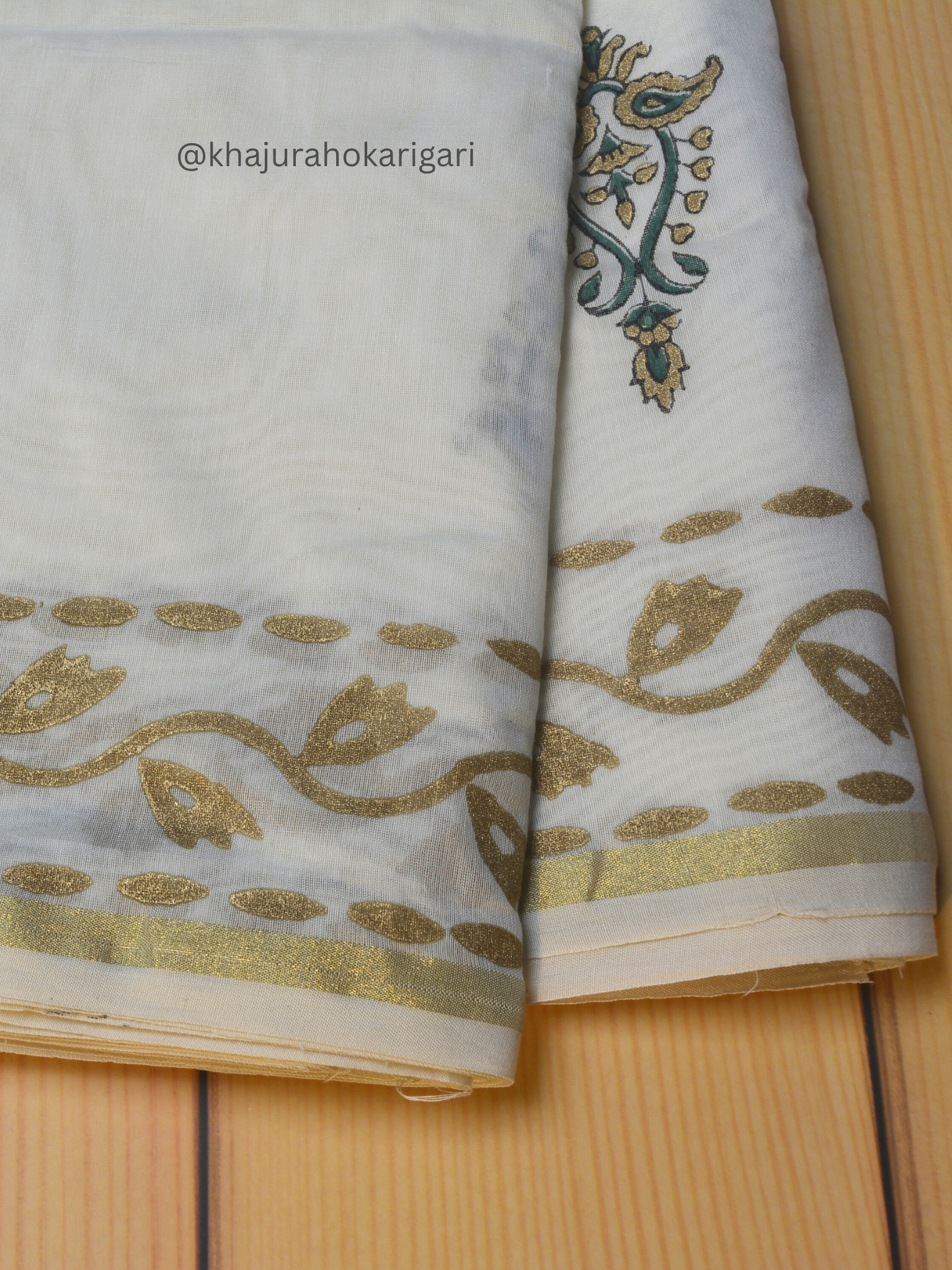 Hand Block Printed Chanderi Silk Cotton Saree with Gold Zari Border – Gold & Green