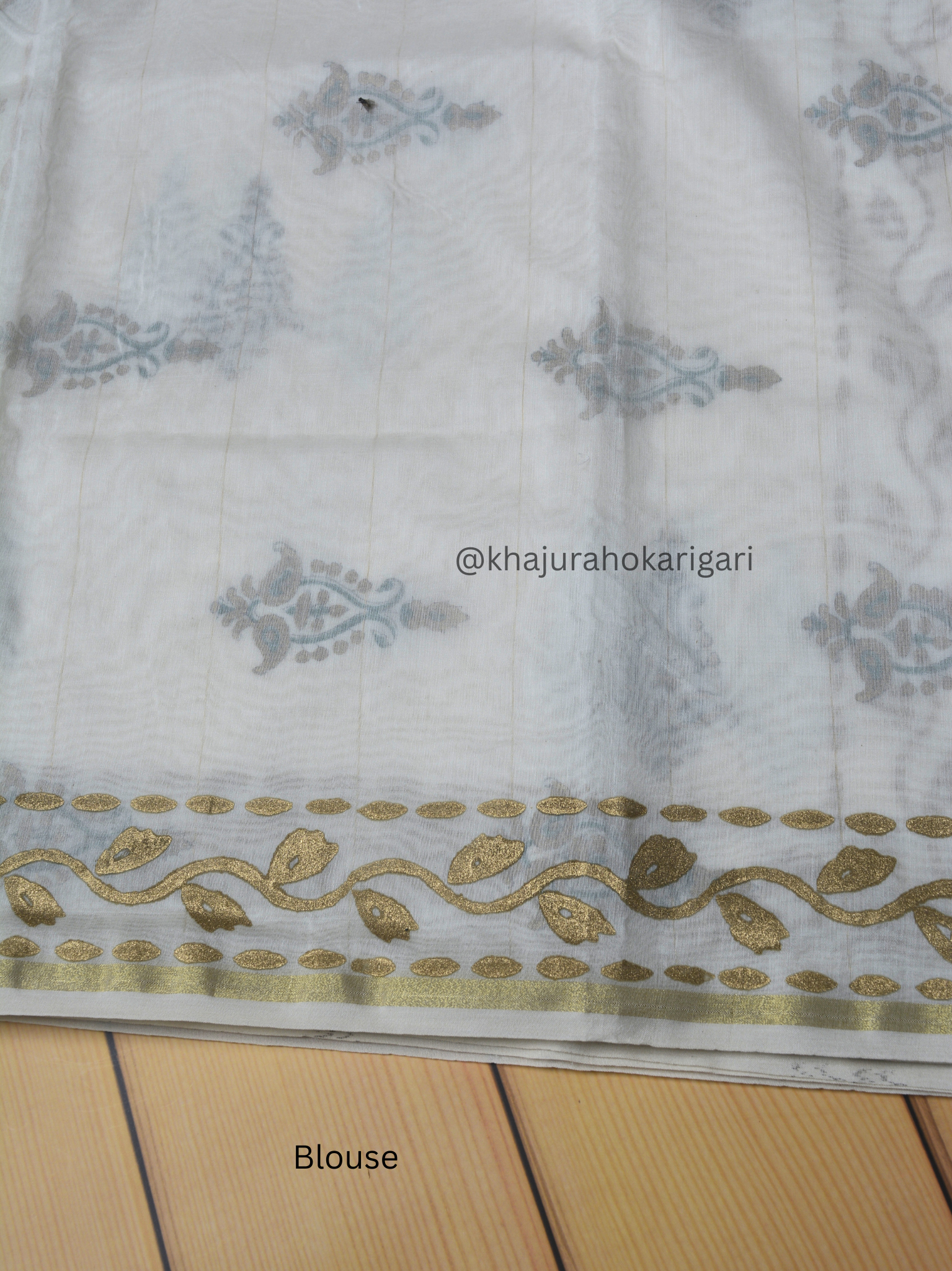 Hand Block Printed Chanderi Silk Cotton Saree with Gold Zari Border – Gold & Green