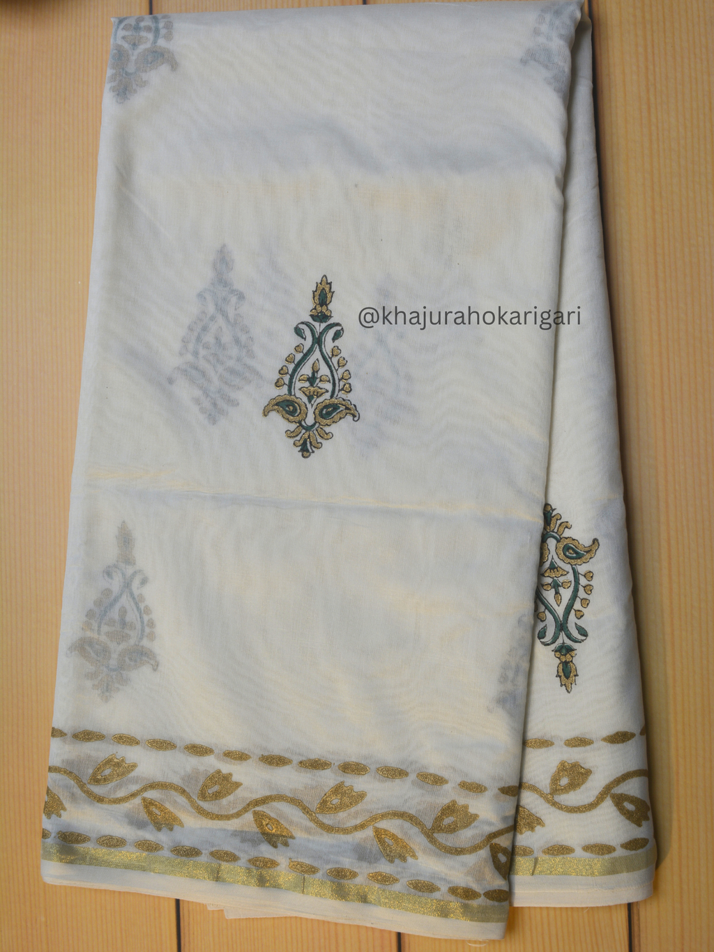 Hand Block Printed Chanderi Silk Cotton Saree with Gold Zari Border – Gold & Green