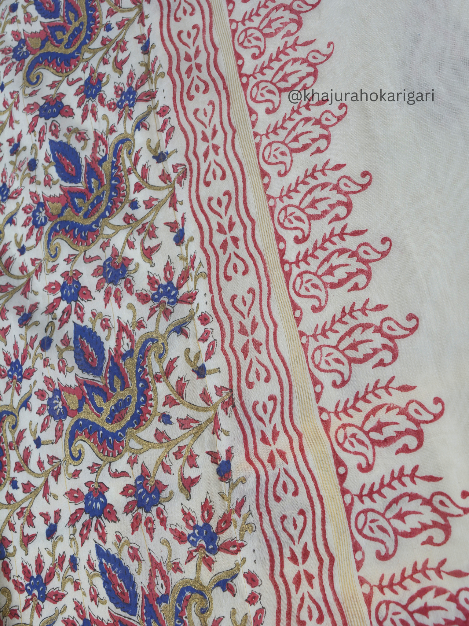 Hand Block Printed Chanderi Silk Cotton Saree with Gold Zari Border – Gold & Pink