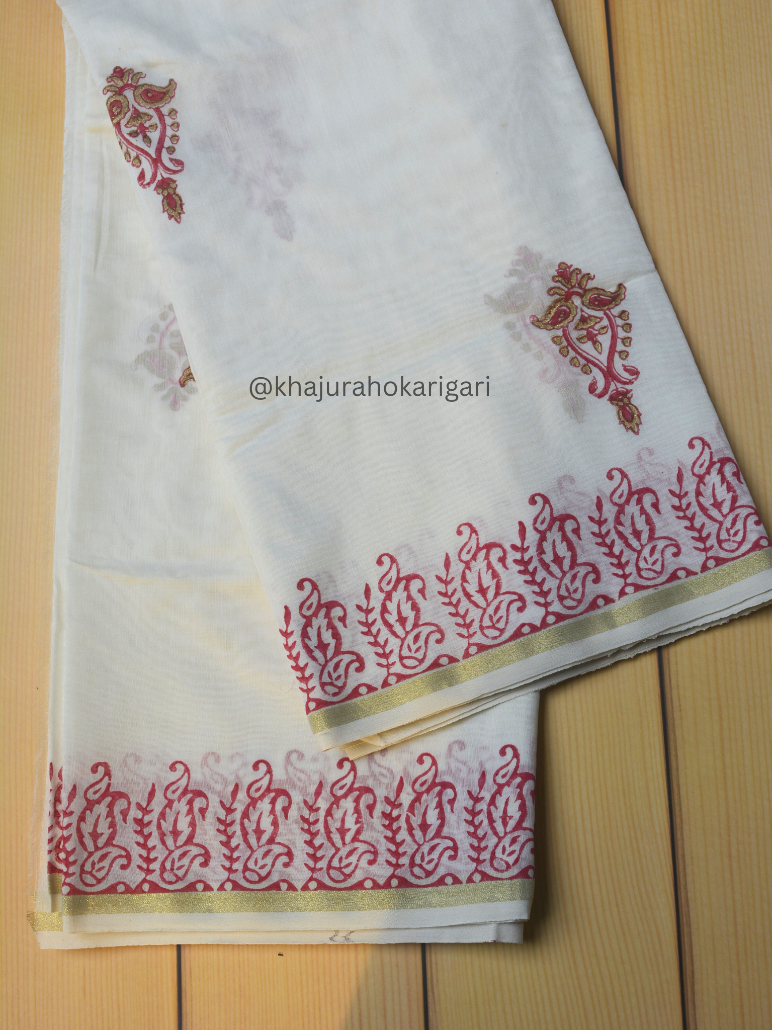 Hand Block Printed Chanderi Silk Cotton Saree with Gold Zari Border – Gold & Pink