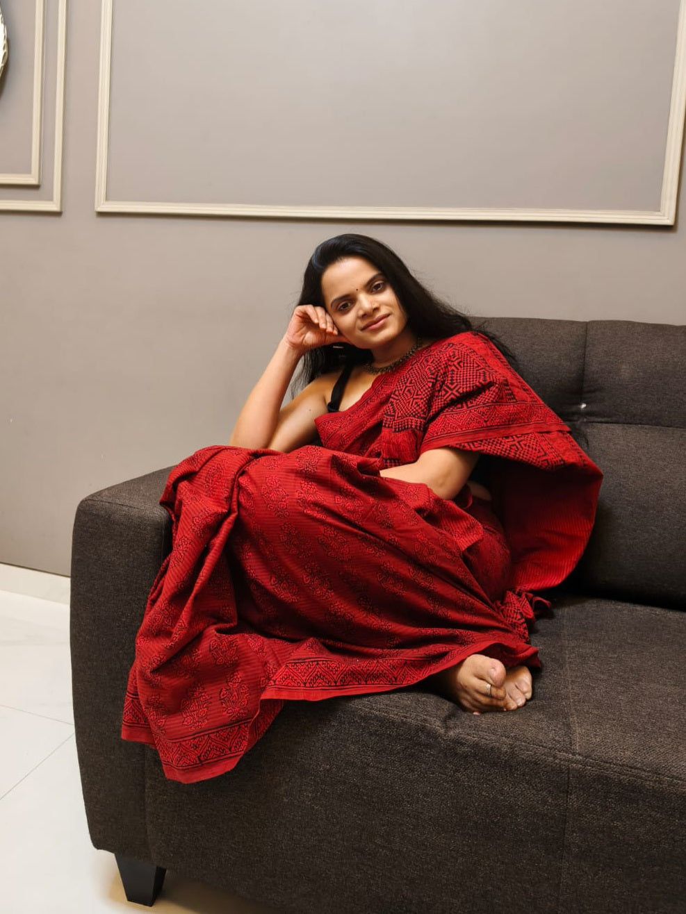 Bagh Hand Block Print Mul Cotton Saree – Red and Black