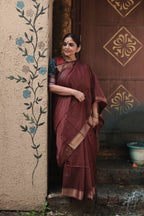 Pure Handwoven Maheshwari Zari Check Saree – Wine