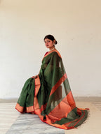Pure Handwoven Maheshwari Zari Check Saree - Green