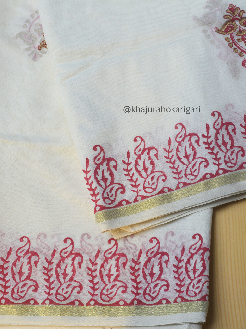 Hand Block Printed Chanderi Silk Cotton Saree with Gold Zari Border – Gold & Pink