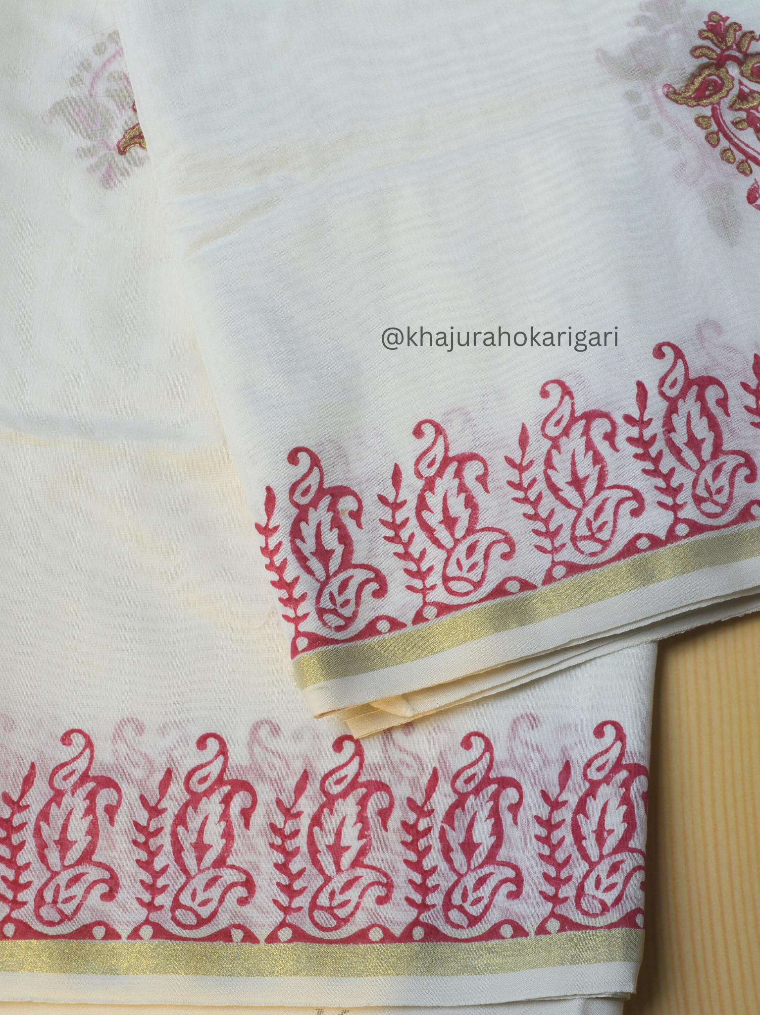 Hand Block Printed Chanderi Silk Cotton Saree with Gold Zari Border – Gold & Pink