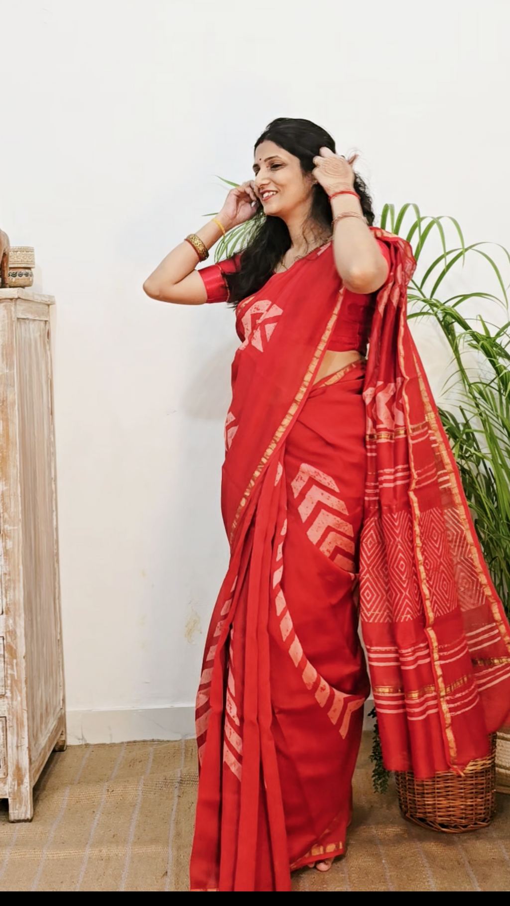 Hand block Printed Chanderi Silk Cotton Saree - Red