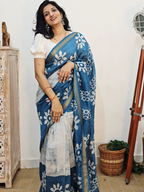Mulmul Cotton Hand Batik Print Saree with Zari Border