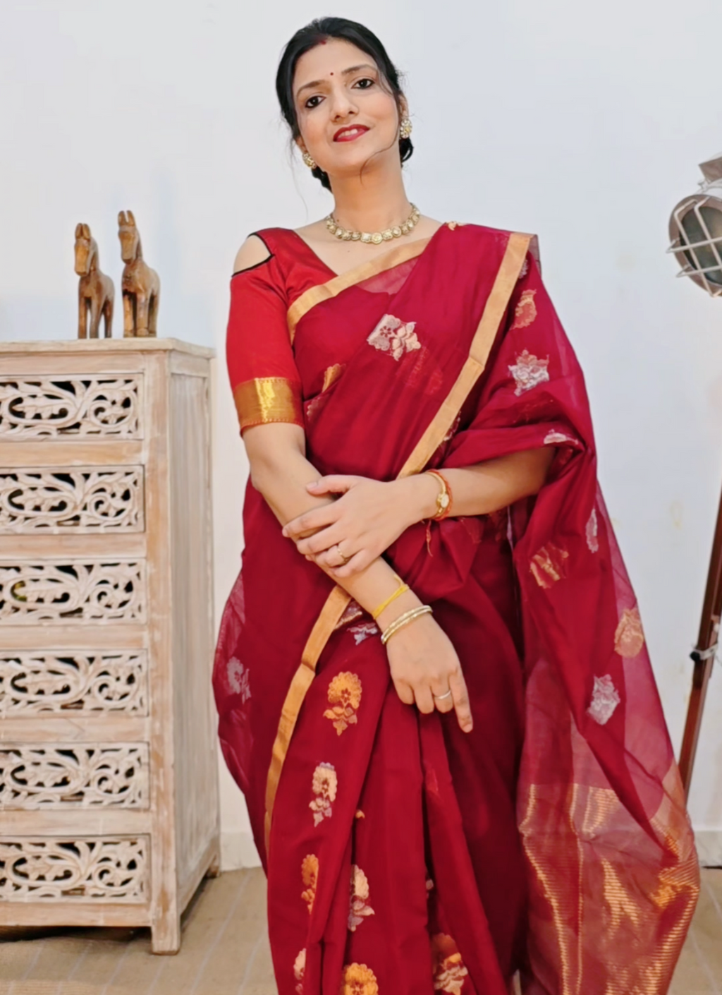 Chanderi Silk Cotton Saree Narrow Zari Border - Maroon