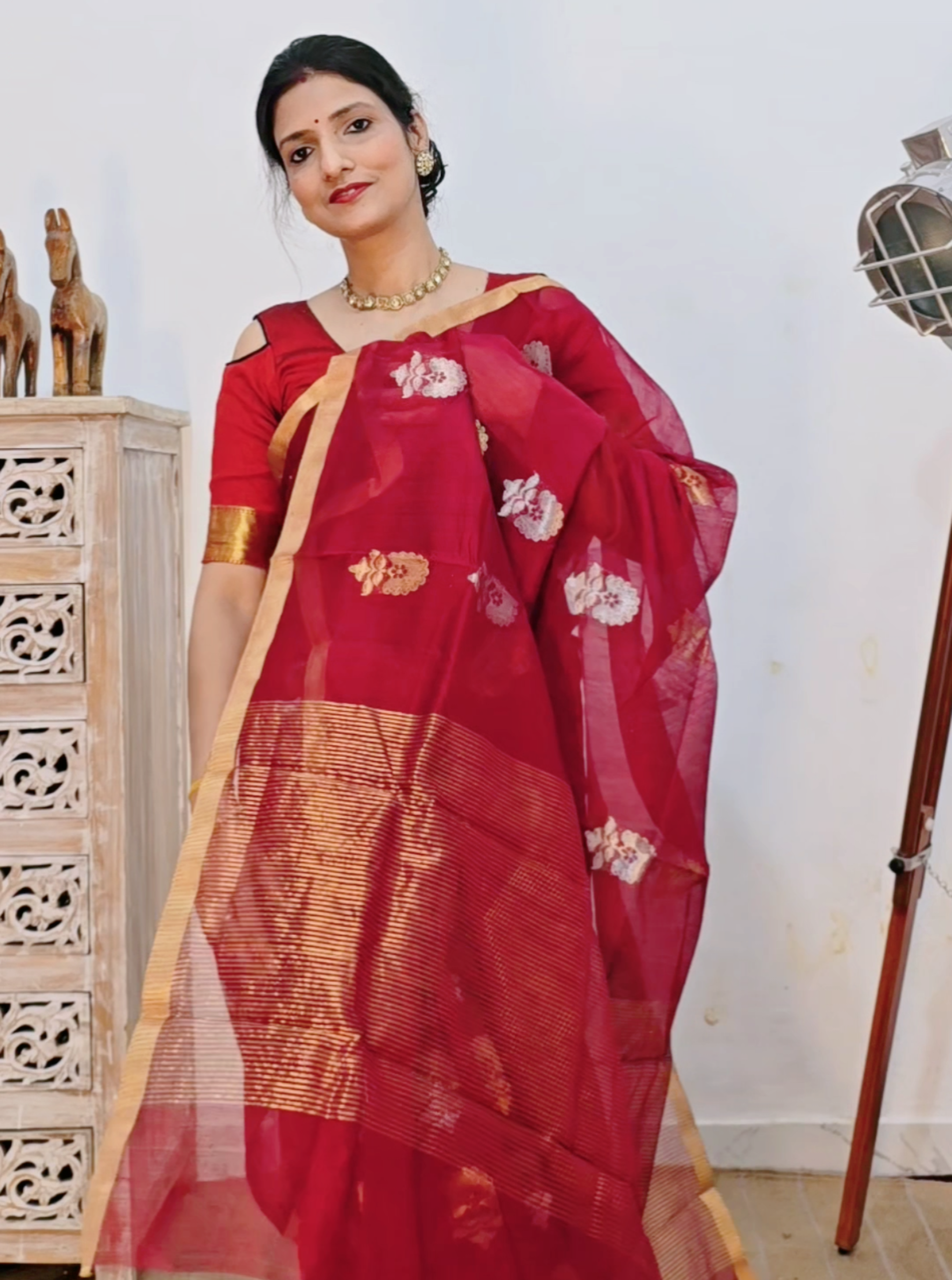 Chanderi Silk Cotton Saree Narrow Zari Border - Maroon