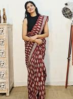 Bagh Hand Block Print Mul Cotton Saree – Rustic Red and White