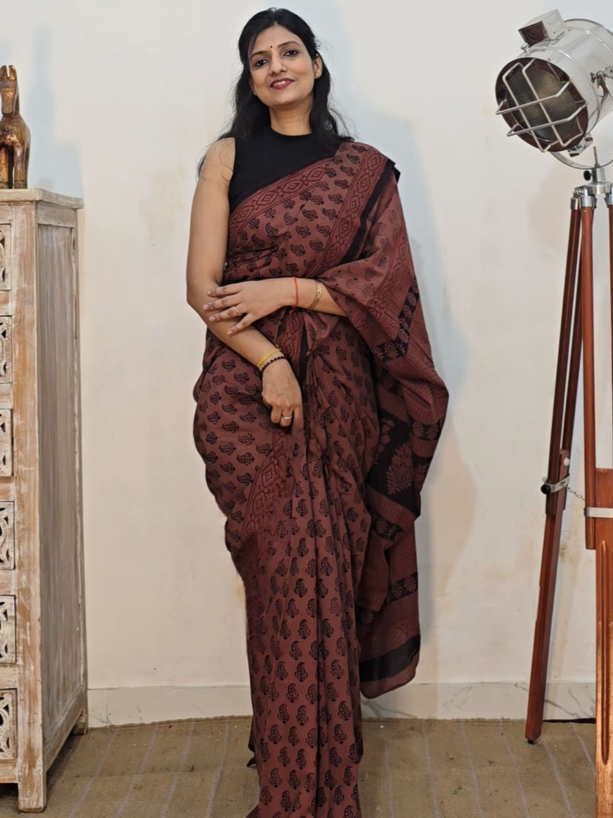 Bagh Hand Block Print Mul Cotton Saree in Rust & Black