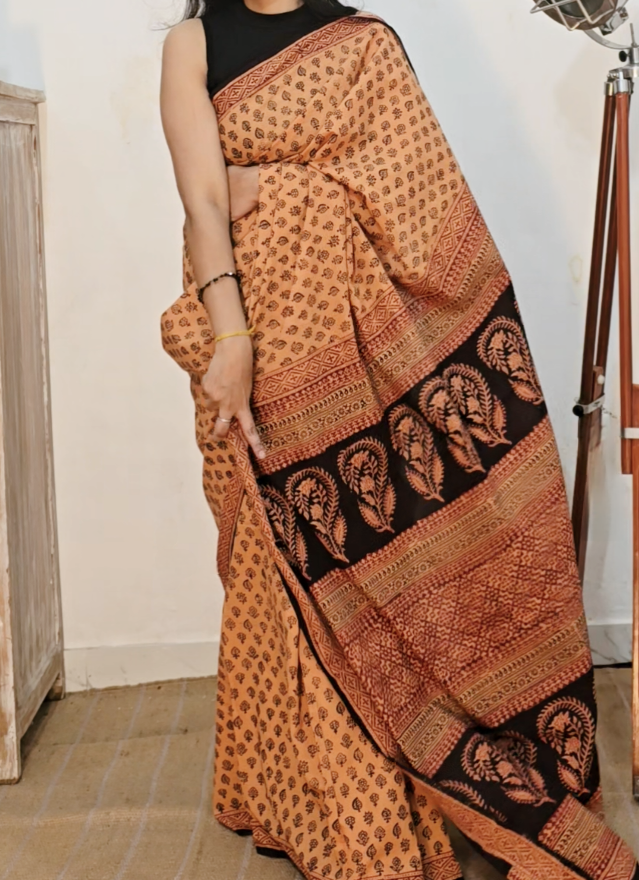 Bagh Hand Block Print Mul Cotton Saree – Peach Beige