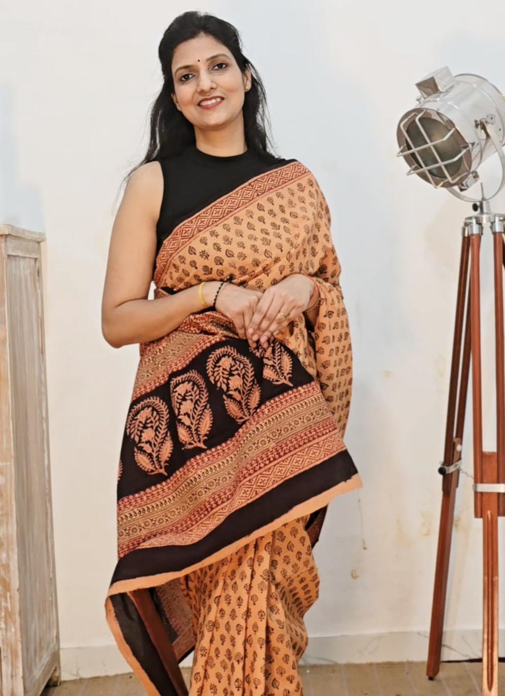 Bagh Hand Block Print Mul Cotton Saree – Peach Beige