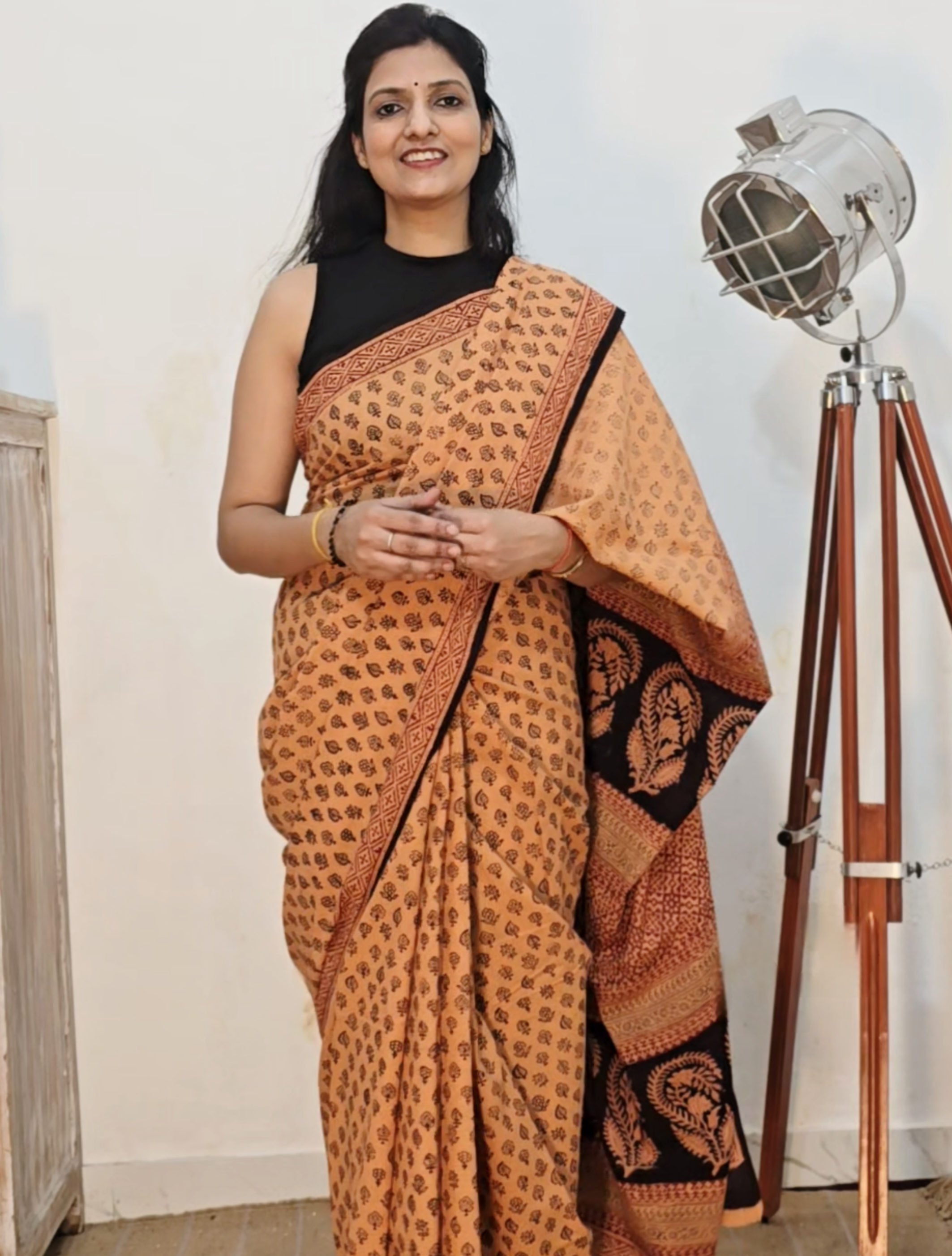 Bagh Hand Block Print Mul Cotton Saree – Peach Beige