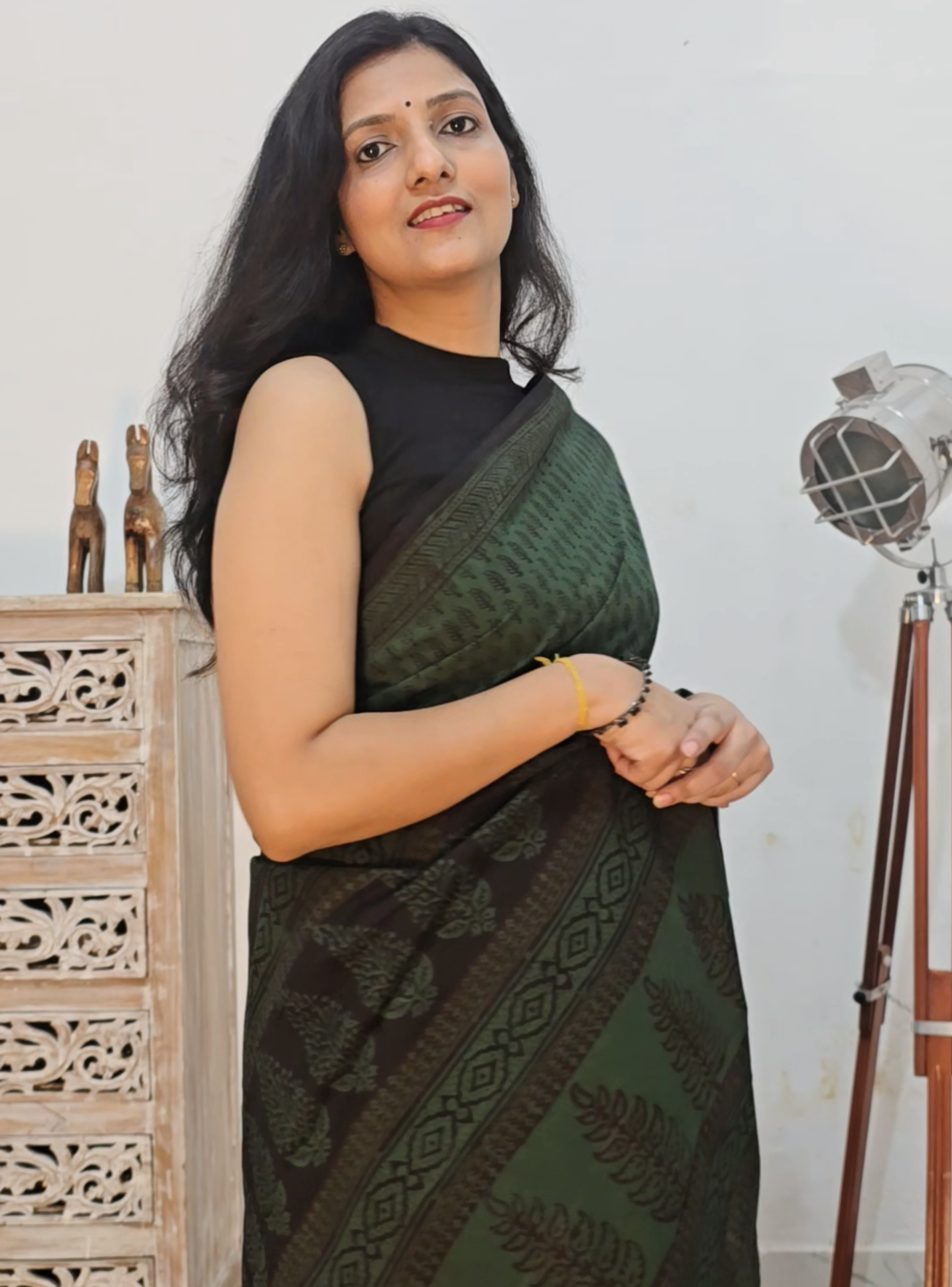 Bagh Hand Block Print Mul Cotton Saree – Green and Black