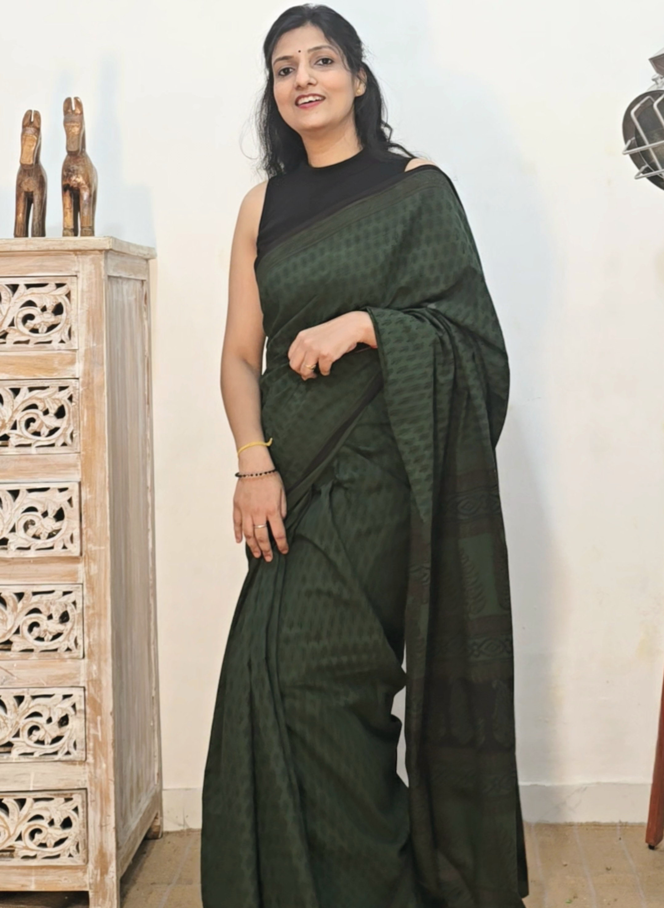 Bagh Hand Block Print Mul Cotton Saree – Green and Black