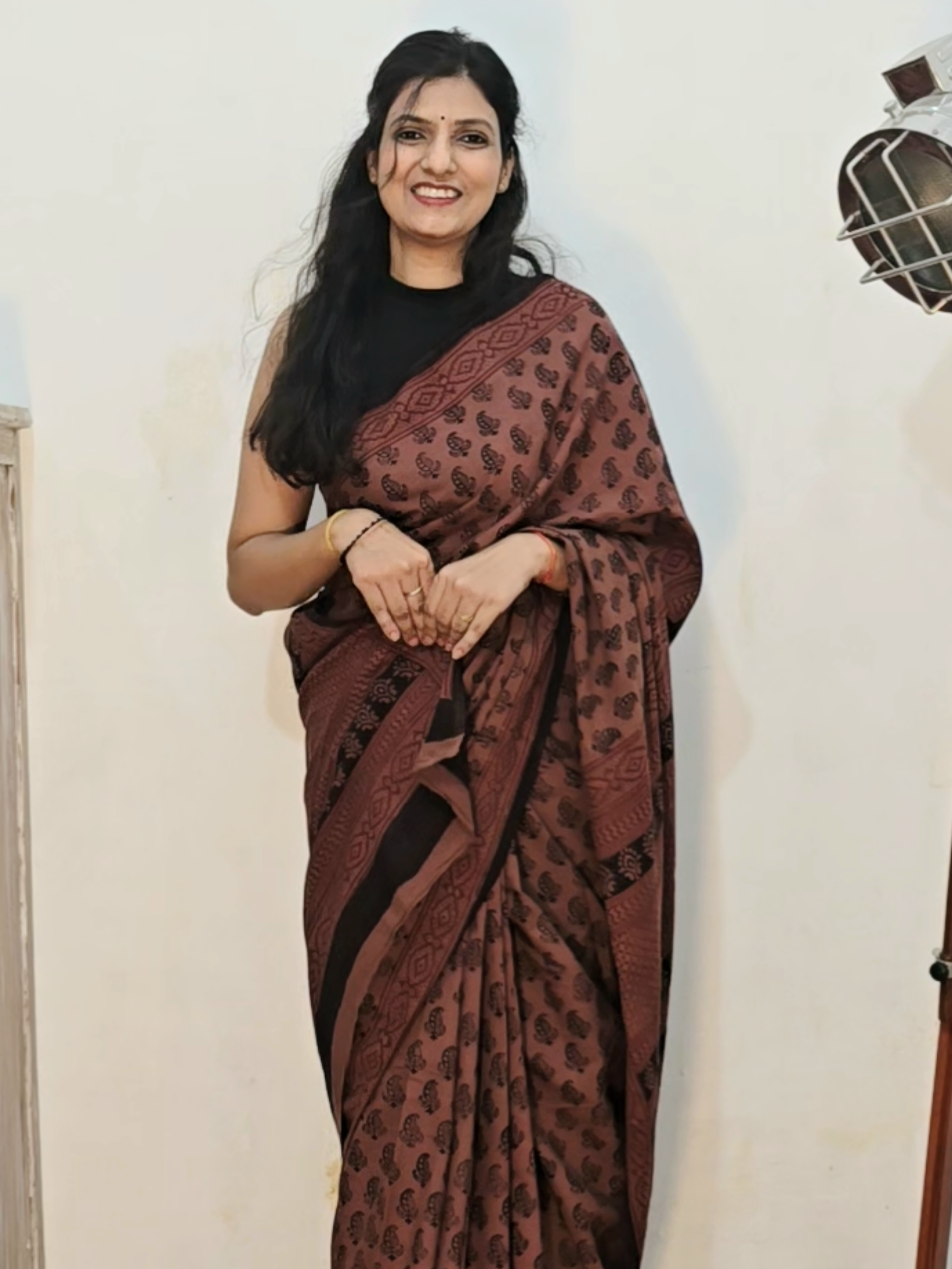 Bagh Hand Block Print Mul Cotton Saree in Rust & Black