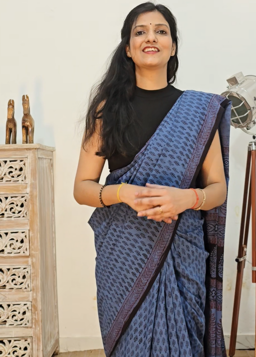 Bagh Hand Block Print Mul Cotton Saree in Blue & Black