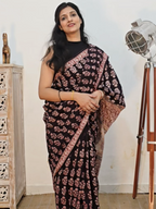 Bagh Hand Block Print Mul Cotton Saree – Rustic Red and Black