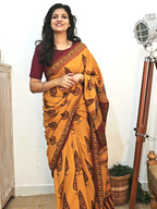 Bagh Hand Block Print Mul Cotton Saree – Mustard Yellow and Maroon