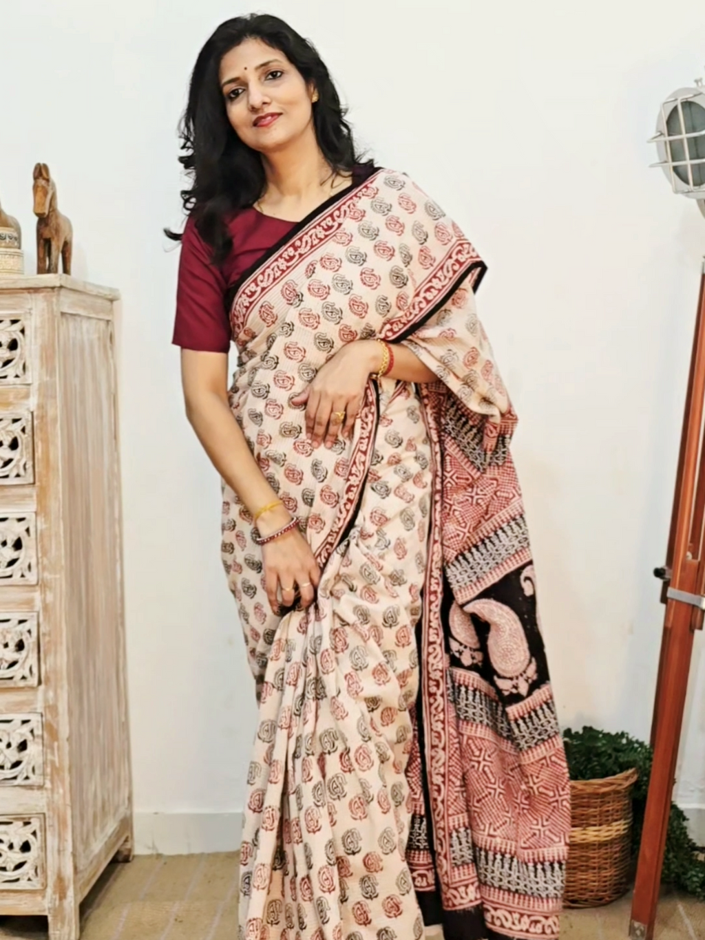 Bagh Hand Block Print Mul Cotton Saree – White, Red and Black