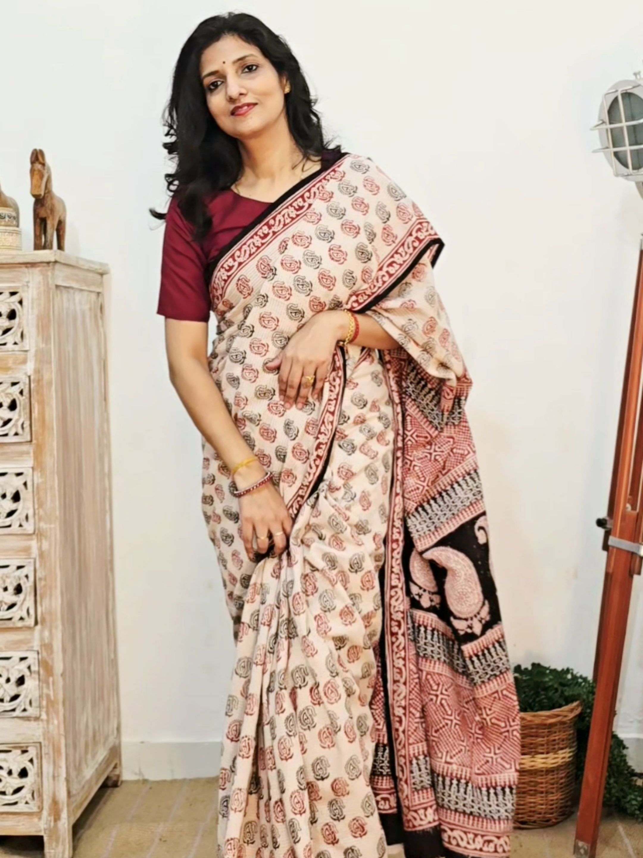 Bagh Hand Block Print Mul Cotton Saree – White, Red and Black