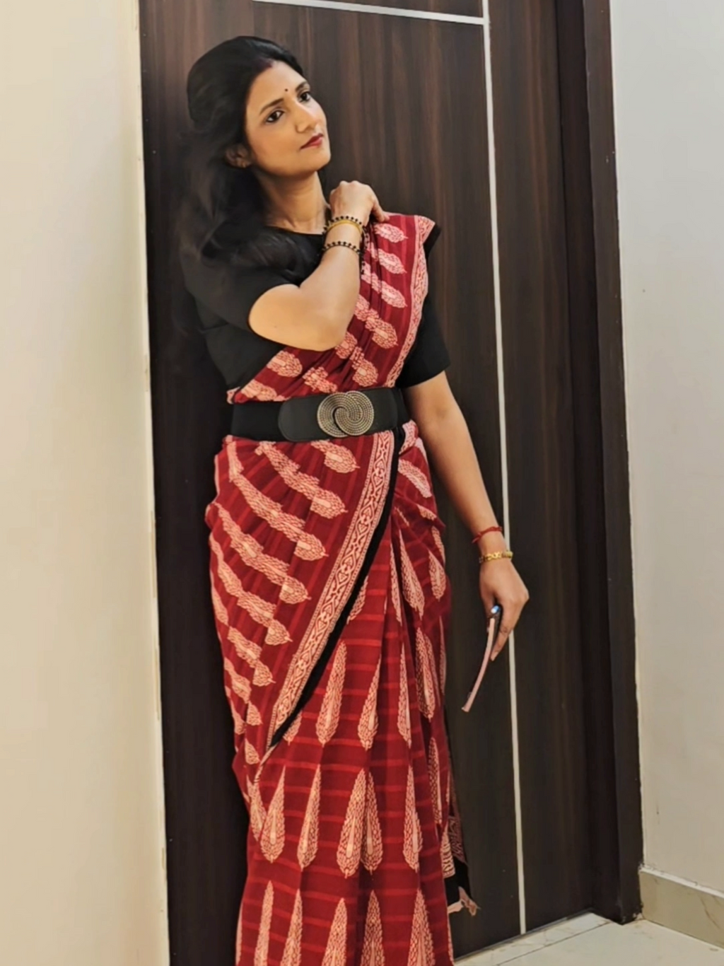 Bagh Hand Block Print Mul Cotton Saree – Red and White