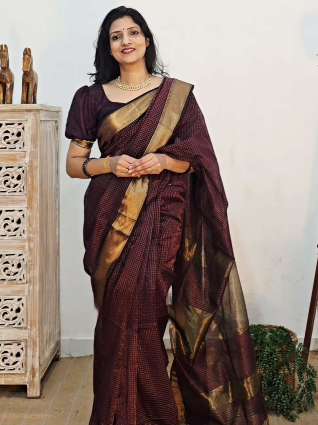 Pure Handwoven Maheshwari Zari Check Saree – Wine