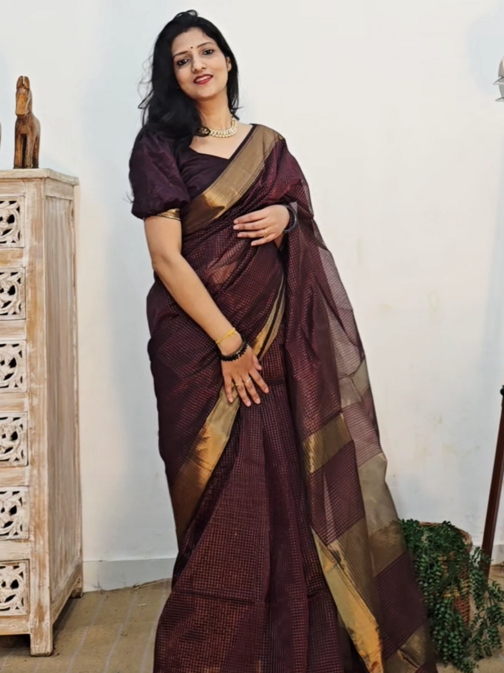 Pure Handwoven Maheshwari Zari Check Saree – Wine