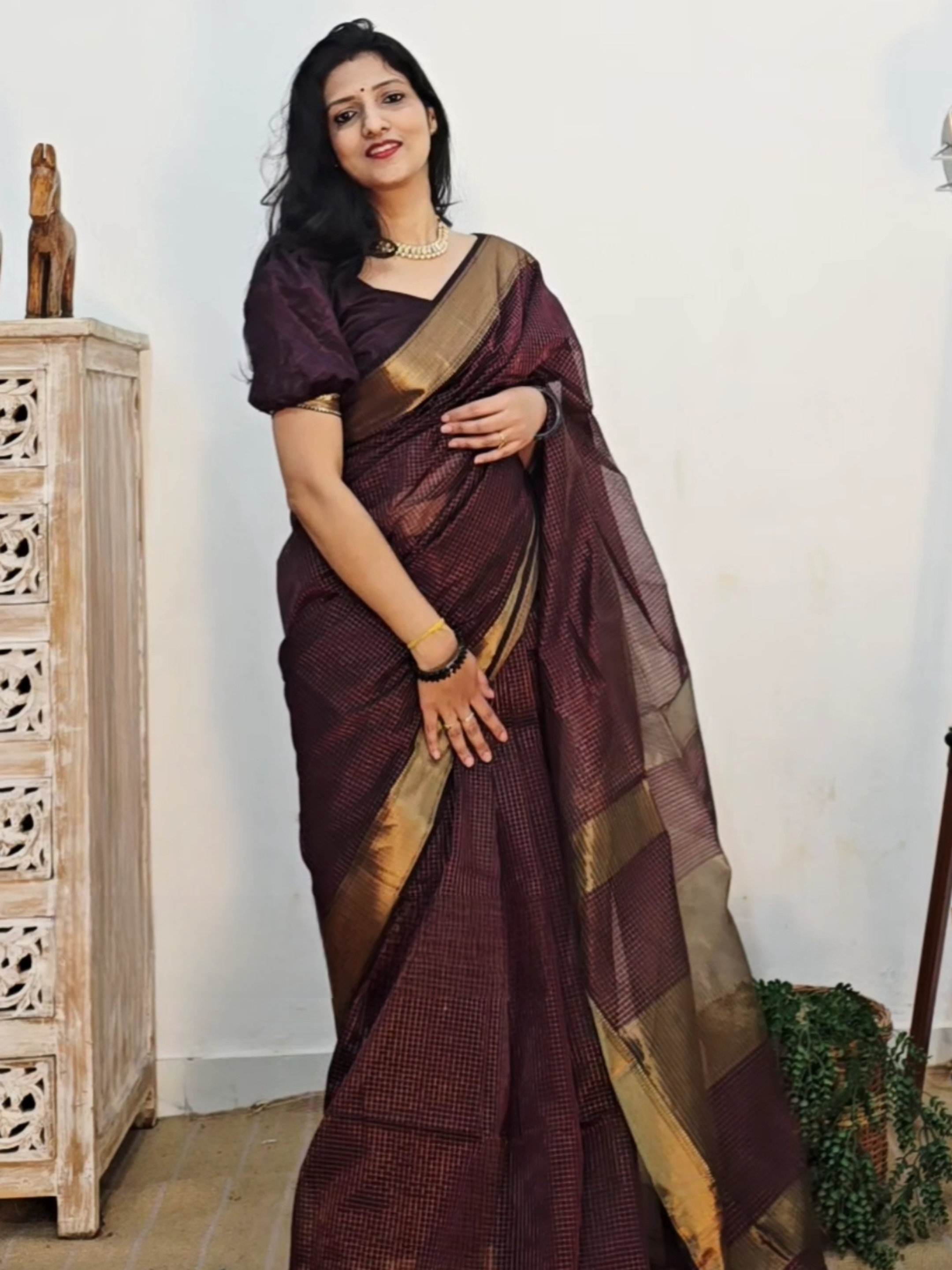 Pure Handwoven Maheshwari Zari Check Saree – Wine