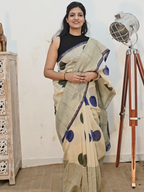 Hand block Printed Chanderi Silk Cotton Saree - Blue Polka