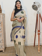 Hand block Printed Chanderi Silk Cotton Saree - Blue Polka