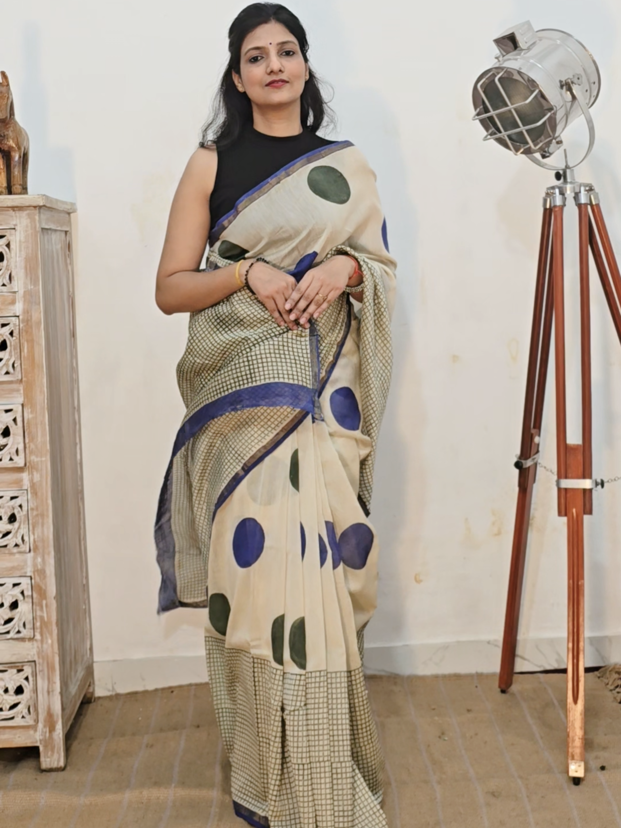 Hand block Printed Chanderi Silk Cotton Saree - Blue Polka