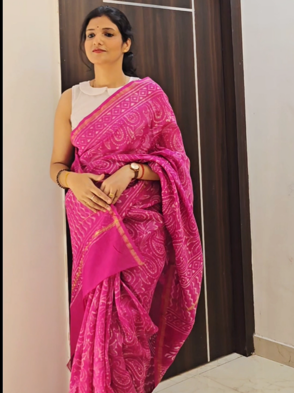 Hand block Printed Chanderi Silk Cotton Saree - Pink
