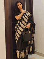 Hand block Printed Chanderi Silk Cotton Saree - Black Beige