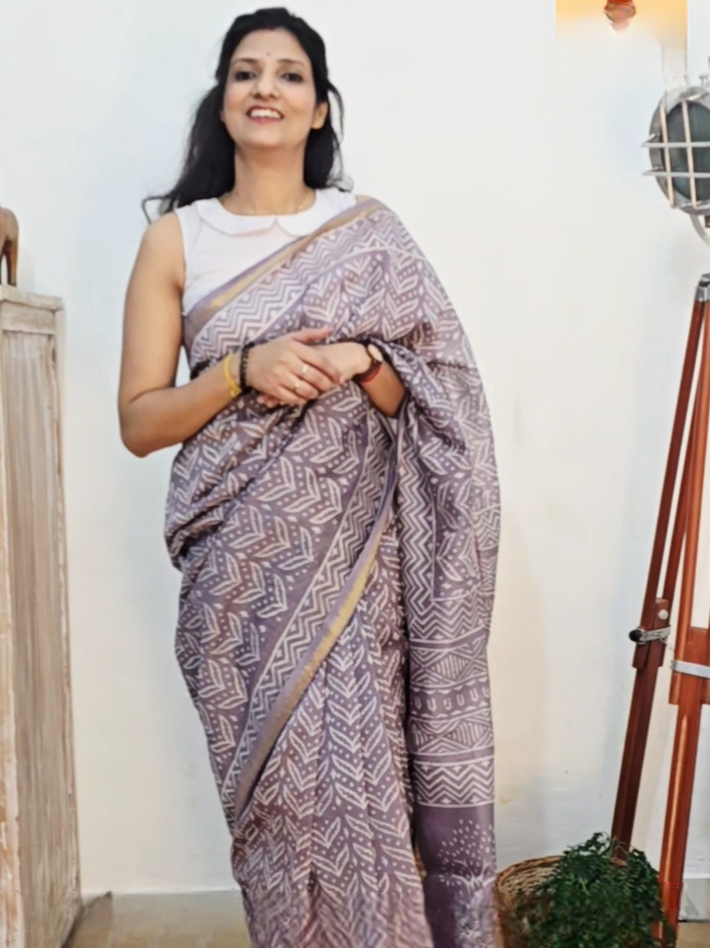 Hand block Printed Chanderi Silk Cotton Saree - Lavender Mist