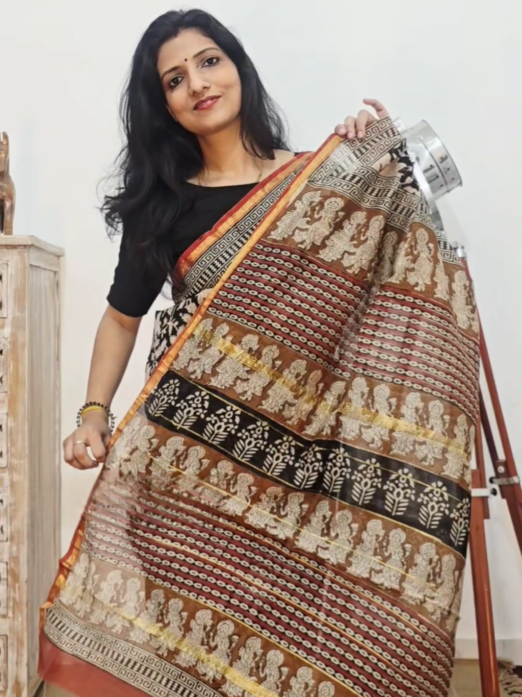 Hand block Printed Chanderi Silk Cotton Saree - Black Floral