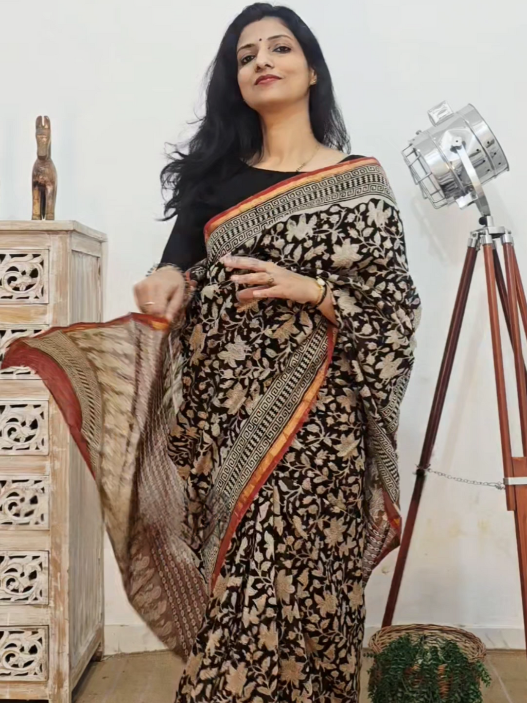 Hand block Printed Chanderi Silk Cotton Saree - Black Floral