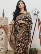 Hand block Printed Chanderi Silk Cotton Saree - Black Floral