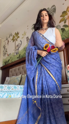 Hand block Printed Kota Doria Saree - Blue