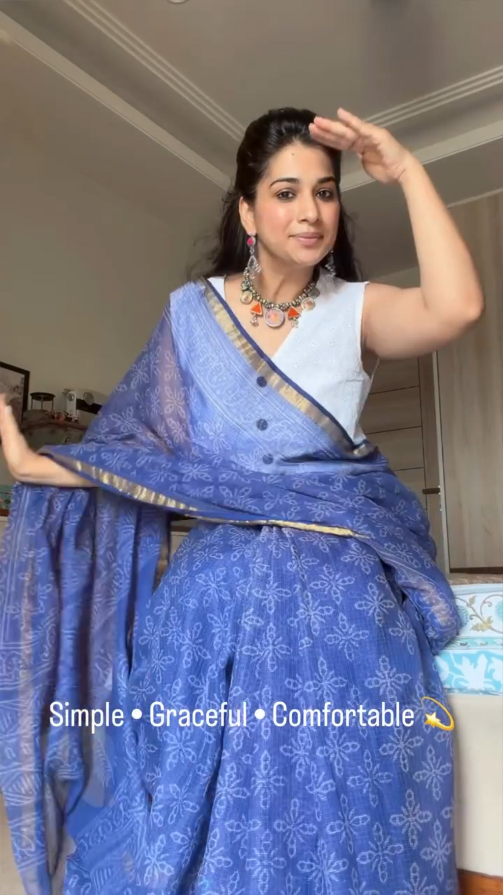 Hand block Printed Kota Doria Saree - Blue