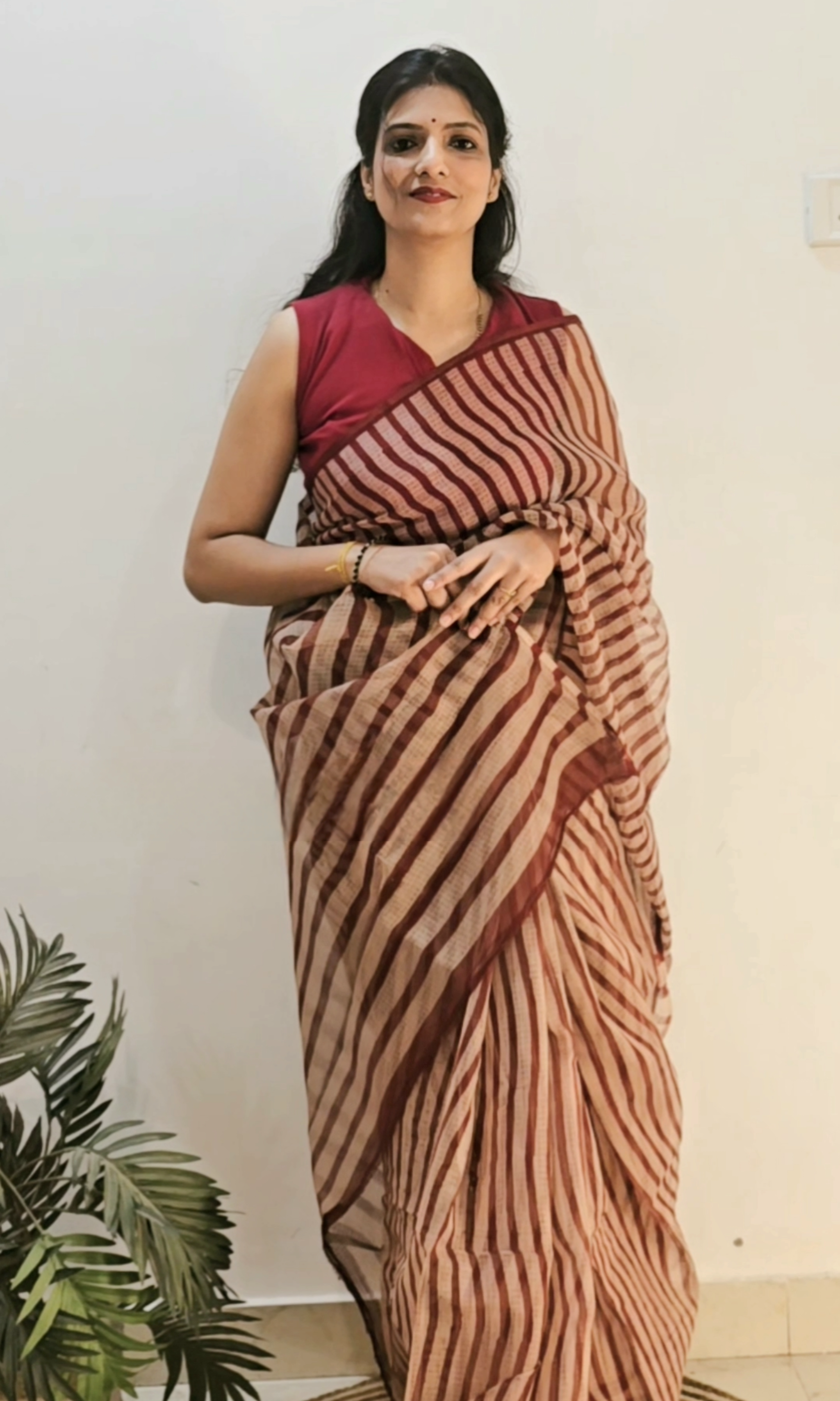 Hand block Printed Kota Doria Saree - Red Stripe