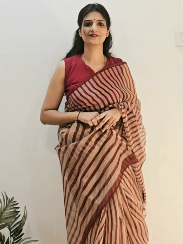 Hand block Printed Kota Doria Saree - Red Stripe