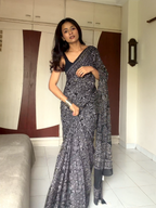 Handcrafted Batik Mul Cotton Saree - Black Floral