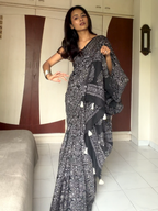 Handcrafted Batik Mul Cotton Saree - Black Floral