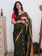 Pure Handwoven Chanderi Floral Motifs - Mehandi Green