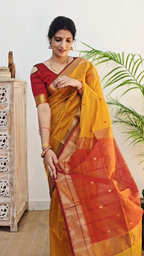 Pure Handwoven Maheshwari Saree Floral Motif - Yellow Maroon