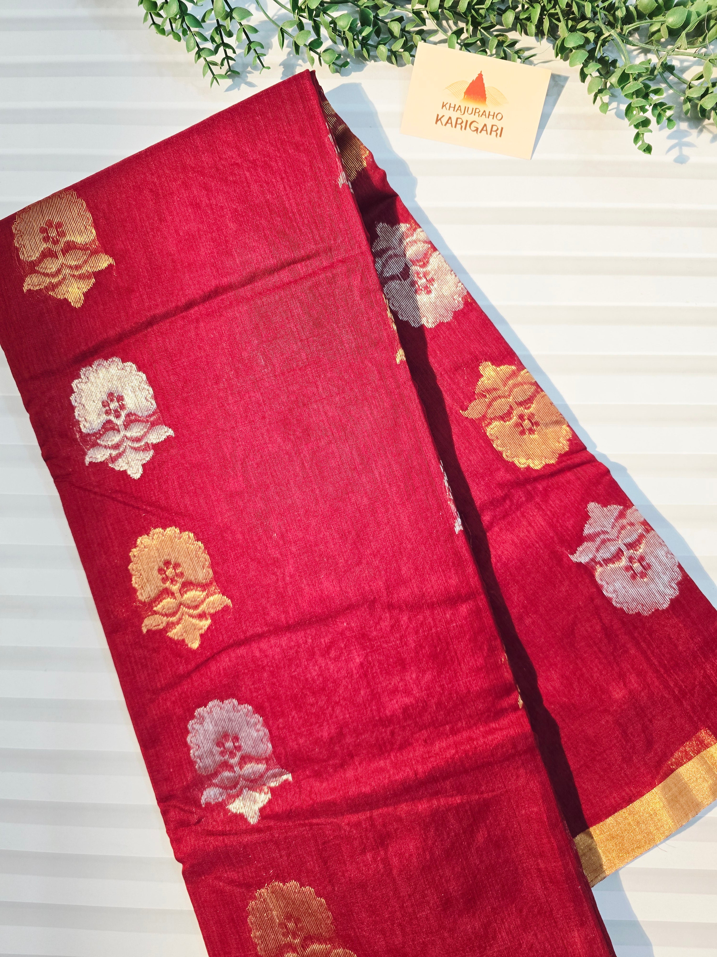 Chanderi Silk Cotton Saree Narrow Zari Border - Maroon